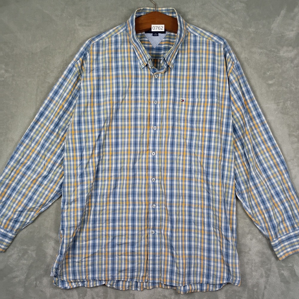 Tommy Hilfiger Button Down Shirt Mens XXL Blue Yellow Plaid Cotton 90s Vintage